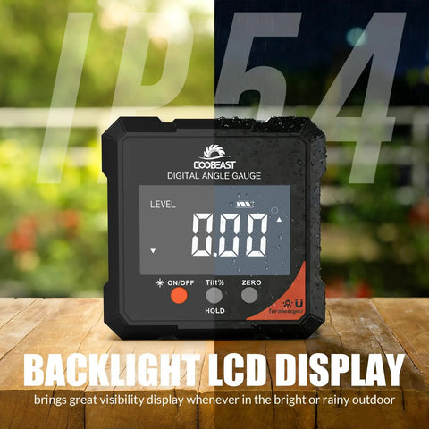 4-Side Magnetic Digital Angle Gauge With Laser on wet surface, backlit LCD display, IP54 rating, for precise angle readings.
