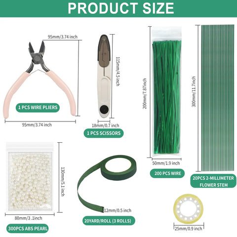 Dope DIY Floral Craft Kit With ABS Pearls, Metal Wire, 2mm Flower Stems, Scissors, Pliers And Green Tape, product size details