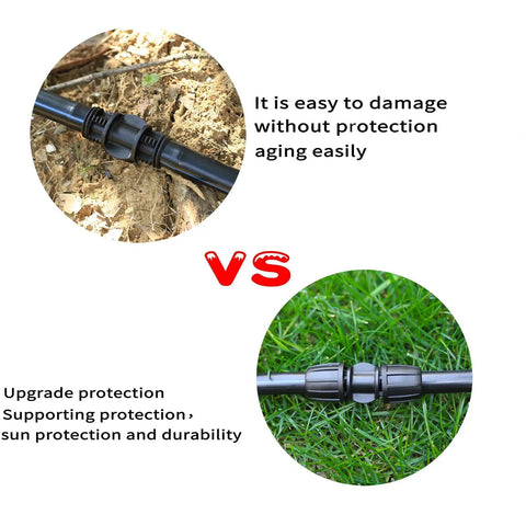 Comparison of Ten Pack Half Inch Drip Irrigation Barbed Coupling Connectors on soil vs grass with protection features