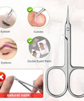 Ultra Precise Cuticle Scissors with Extra Fine Curved Blade for Nail Care, shown trimming cuticles and grooming brows, lashes