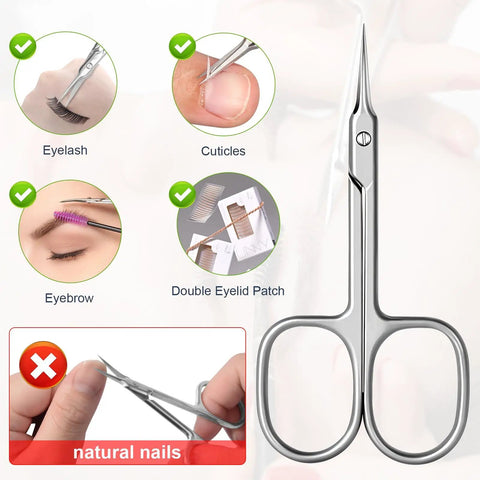 Ultra Precise Cuticle Scissors with Extra Fine Curved Blade for Nail Care, shown trimming cuticles and grooming brows, lashes