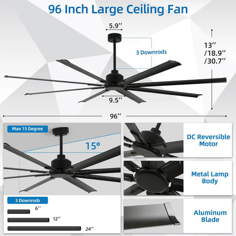 96 Inch Heavy Duty Industrial Ceiling Fan With Reversible DC Motor No Lights 6 Speed Remote 3 Downrods 8 Aluminum Blades diagram