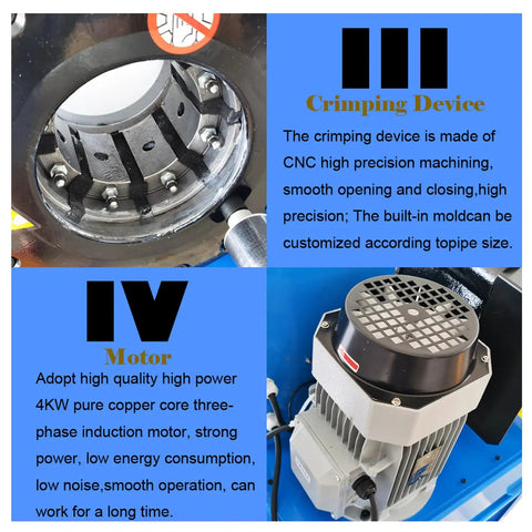 Heavy Duty Electric Vertical Hose Crimper With 13 Tough As Nails Dies And Effortless Foot Pedal Control 480V crimping device and motor details.