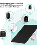 6W Solar Panel for Security Cameras with incompatible camera types displayed in circles, adjustable mount visible