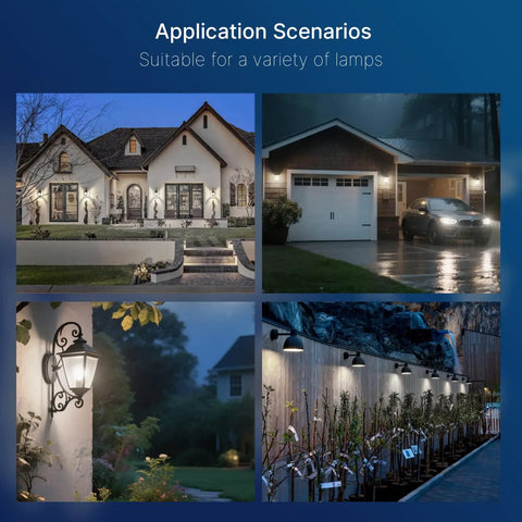 Dusk To Dawn Outdoor Sensor A19 LED Bulb 5000K Daylight lighting scenarios on houses and gardens, demonstrating energy-efficient use