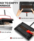Manual Carpet Floor Sweeper With Tough Horsehair Rollers To Snag Pet Hair And Crumbs Plug Free Unit demonstrating easy garbage emptying process.