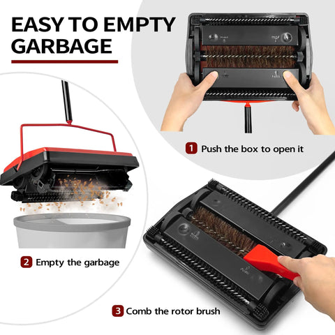 Manual Carpet Floor Sweeper With Tough Horsehair Rollers To Snag Pet Hair And Crumbs Plug Free Unit demonstrating easy garbage emptying process.