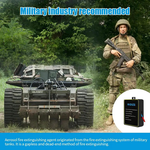 Military professional with unmanned vehicle showcasing Compact Auto Fire Extinguisher That Activates In Three To Five Seconds For Cars Boats And Electrical Panels Eco Friendly And Clean Fire Suppression For Engine Compartments Cabins And Small Spaces Easy Automatic Safety Gear You Can Trust.