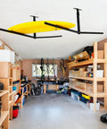 Garage view with Double Ceiling Storage Rack for kayaks, surfboards, adjustable 10-18 inches, holds up to 200 pounds.