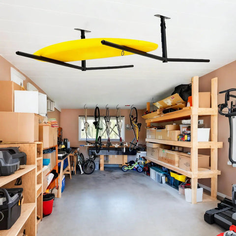 Garage view with Double Ceiling Storage Rack for kayaks, surfboards, adjustable 10-18 inches, holds up to 200 pounds.