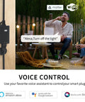 Matter Ready Outdoor Smart Plug WiFi Heavy Duty IP65 Weatherproof Outlet 15 Amp Compatible With Alexa Google Home HomeKit SmartThings Smart Life Remote Control, showing black plug next to outdoor seating area with people.