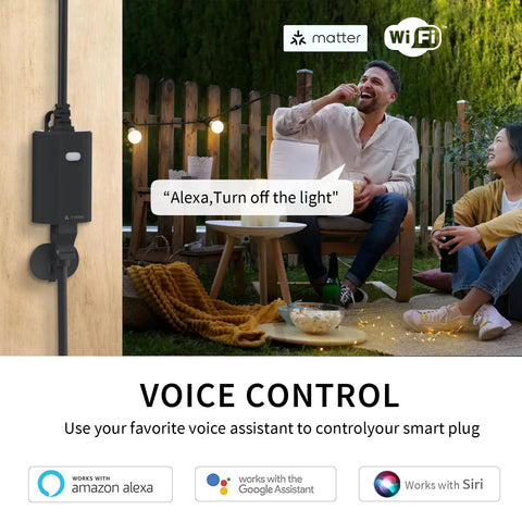 Matter Ready Outdoor Smart Plug WiFi Heavy Duty IP65 Weatherproof Outlet 15 Amp Compatible With Alexa Google Home HomeKit SmartThings Smart Life Remote Control, showing black plug next to outdoor seating area with people.