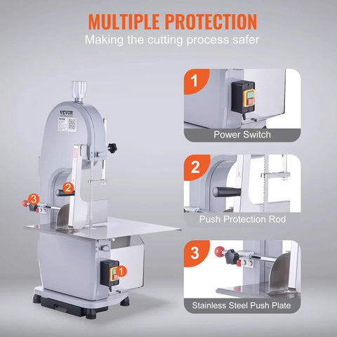 Beast 1500W Stainless Steel Meat Bandsaw For Home Butchering Countertop Bone Saw With 6 Blades safety features focus
