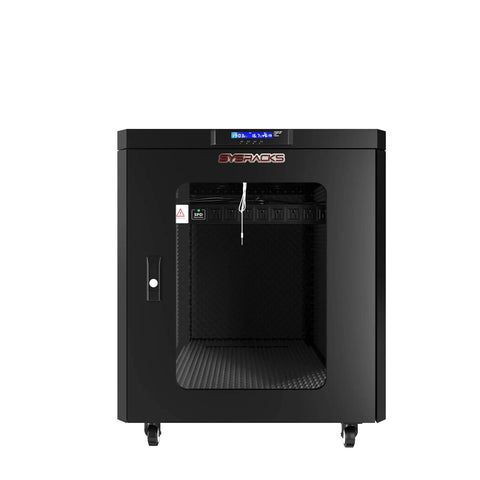 Heavy Duty 12U Soundproof Server Rack Cabinet With 35 Inch Depth And Beast Mode Cooling Fans, front view with LCD display.