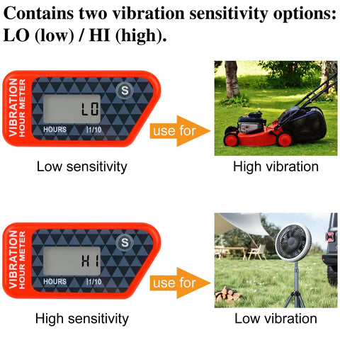 Durable Vibration Hour Meter For Small Engines Red IP68 Waterproof Tracks Run Time With Non Resettable Total Hours And Resettable Job Timer No Wire Vibration Monitoring For Heavy Duty Equipment, LO/HI sensitivity