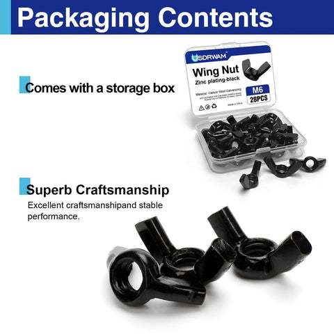 28 Piece M6 Metric Wing Nuts Assortment Kit With Slick Black Zinc Plated Butterfly Hardware For Top Shelf Workshop Upgrades And Zero Hassle Repairs In A Tough Carry Tray in storage box with wing nuts displayed.