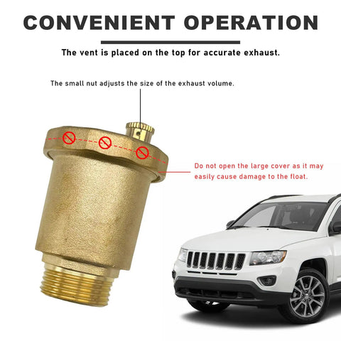Brass Automatic Float Valve With Half Inch NPT Thread Air Bleed Vent For Hot Water Radiators And Boilers shown with car