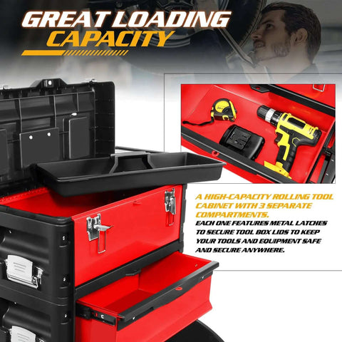 Heavy Duty Rolling Tool Chest With Three Tier Stackable Design On Wheels For Tools And Small Parts, Modular Drawer System And Mobile Garage Organizer, Durable Steel Box For Shop Or Garage, Black Red Finish showcasing open drawers with tools.