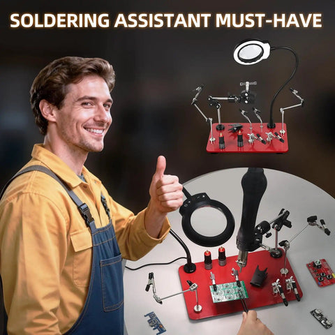Man using Magnetic Third Hand Soldering Station with Four Arms and 12 Inch Reach, ideal for PCB and electronics repair.