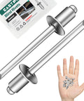 Hefty 3/16 X 1/4 Inch Aluminum Blind Pop Rivets Featuring Rock Solid Steel Mandrels Corrosion Resistant Fasteners shown with hand and box.