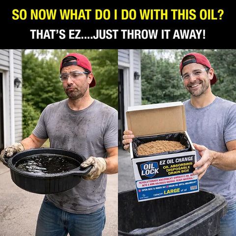 Man using No Mess Oil Change Drain Box Three Pack Small Size For Up To Two And A Half Quarts Each Converts Used Oil Into Safe Solid