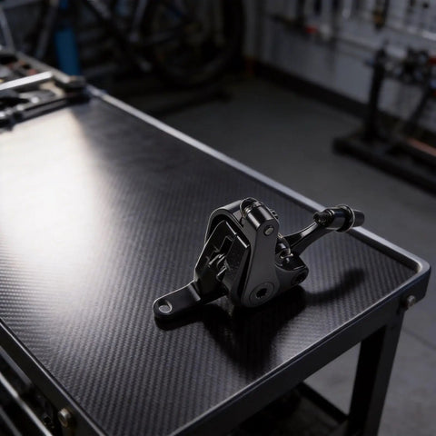 Kickass Mechanical Cable Disc Brake Set For Mountain And Road Bike Featuring Solid Aluminum Alloy Calipers on workbench.