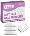 Wall Cup Protectors For Baby Gates, Pressure Mounted Safety Gate Stabilizers in packaging and three white protectors displayed
