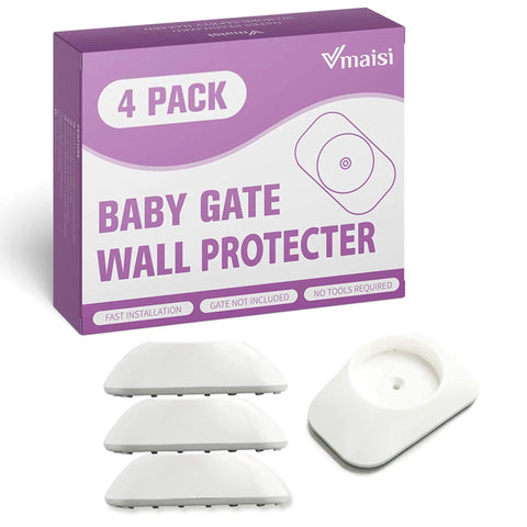 Wall Cup Protectors For Baby Gates, Pressure Mounted Safety Gate Stabilizers in packaging and three white protectors displayed