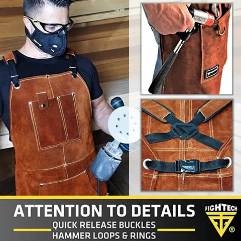 Rugged Leather Welding Apron With Eleven Tool Pockets For Woodworking And Metalworking, adjustable black straps detail.