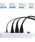 Three plugs connected to Two Pack 3 Outlet Surge Protector Power Strip With USB Ports 12 Foot Extension Cord Low Profile Plug White