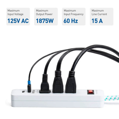 Three plugs connected to Two Pack 3 Outlet Surge Protector Power Strip With USB Ports 12 Foot Extension Cord Low Profile Plug White