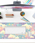 Dope Colorful Cloud and Star Desk Mat in Watercolor Pink Extended Large Mouse Pad on desk with keyboard and monitor
