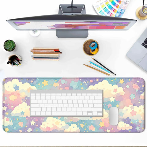 Dope Colorful Cloud and Star Desk Mat in Watercolor Pink Extended Large Mouse Pad on desk with keyboard and monitor