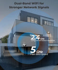 Outdoor WiFi Security Camera 5MP HD Plug In Night Vision Motion Detection Smart Alerts Dual Band Wireless 2 4 GHz and 5 GHz IP67 Waterproof Wired Power Supply for Home Surveillance on modern home with signal range labels.