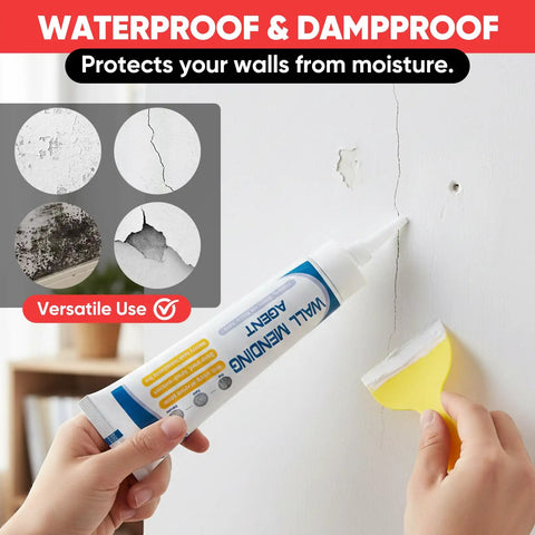 Person using All In One Drywall Repair Kit for small cracks holes and dents with quick squeeze scrape and smooth application.