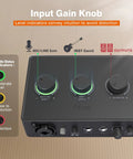 PC Audio Mixer USB Interface For Streaming And Podcasting With XLR And Instrument Inputs 48V Phantom Power Gain Knob highlighted
