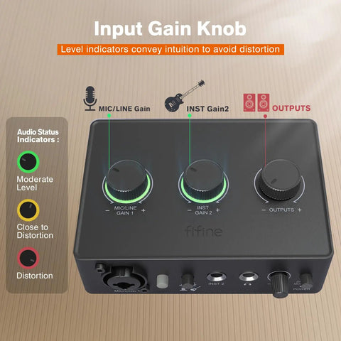 PC Audio Mixer USB Interface For Streaming And Podcasting With XLR And Instrument Inputs 48V Phantom Power Gain Knob highlighted