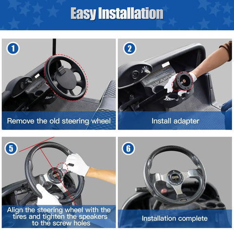 Installation steps for 12.5 Inch Universal Golf Cart Steering Wheel Blue Dope Racing Style Fits EZGO TXT RXV Club Car DS Precedent Yamaha And Most Golf Carts With Adapter Not Included Sold Separately