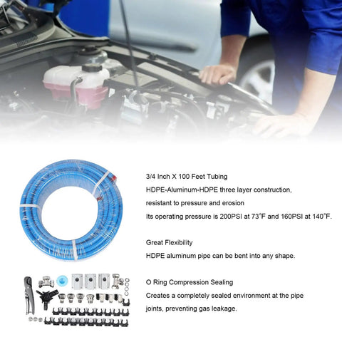 Three Layer HDPE Aluminum Shop Air Line Kit 3 4 Inch By 100 Feet, 200 PSI O Ring Sealed components with mechanic working