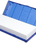 Knife Sharpener Whetstone 4000 Grit Japanese Waterstone With Holder shown with blue plastic case open for easy use.