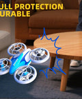 Kids Friendly LED Drone With Propeller Guards And 360 Flips flying indoors, near a wooden coffee table. Product focus keyword included.