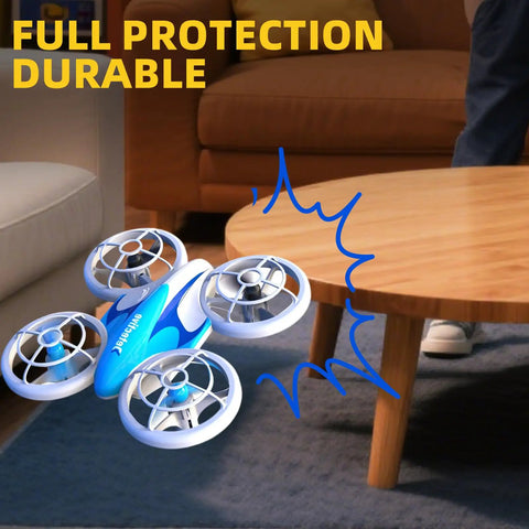 Kids Friendly LED Drone With Propeller Guards And 360 Flips flying indoors, near a wooden coffee table. Product focus keyword included.