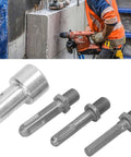 Beefy Carbon Steel Keyless Chuck Adapter For Easy Drill To Earth Auger Connection with three interchangeable bits shown