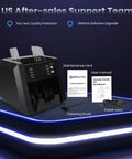 Multi Currency Money Counter Machine With Counterfeit Detection And Printer Touch Screen Cash Counter For 20 Currencies Auto Currency Sorting CIS UV MG IR Detection Serial Number North And South American Market Ready with accessories and support information displayed.