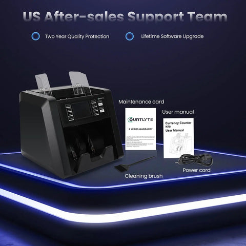 Multi Currency Money Counter Machine With Counterfeit Detection And Printer Touch Screen Cash Counter For 20 Currencies Auto Currency Sorting CIS UV MG IR Detection Serial Number North And South American Market Ready with accessories and support information displayed.