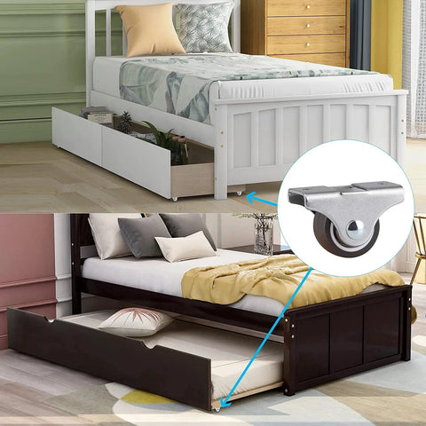 Mini Fixed Caster Wheels 1.25 Inch Set Of 4 With Silent Bearing and Metal Top on a trundle bed