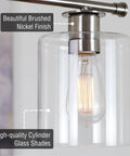 Close-up of clear glass shade and brushed nickel finish on Sloane 31-Inch 3-Light Modern Industrial Farmhouse Island Light