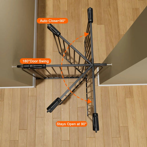 Top view of black metal tension gate showing swing angles, suitable for stairs and doorways, 34 to 38.5 inches wide, pressure mount.