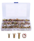Open box of 120 Piece Cage Nuts And M5 Lock Nuts Kit Carbon Steel Square Hole Nuts With Screws For Server Racks Cabinets