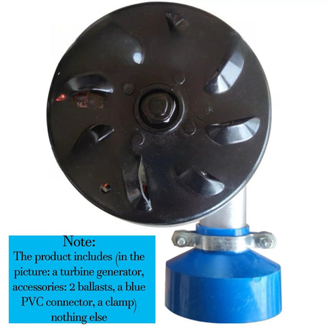 Turbine generator with two ballasts, blue PVC connector, and clamp, 3kW Water Turbine Generator Direct Injection Tech 110V 220V Output 3500RPM